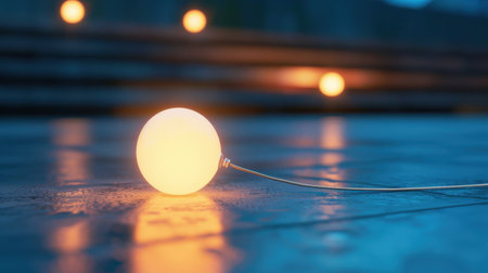 A luminous sphere emits a soft glow on a wet surface, capturing tranquil reflections and creating a warm atmosphere during dusk. Perfect for aesthetic projects.の素材