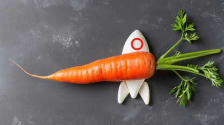 This imaginative image features a bright orange carrot designed as a rocket, symbolizing healthy eating and playful cooking ideas. Perfect for food and nutrition concepts.の素材