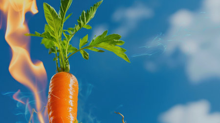 A striking image of a fresh carrot with vibrant greenery surrounded by flames, set against a bright blue sky. This visually engaging composition highlights the energy of nature and healthy living.の素材