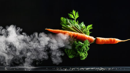 A visually striking composition featuring a vibrant carrot with fresh herbs and steam against a dark background, perfect for culinary and healthy food themes.の素材