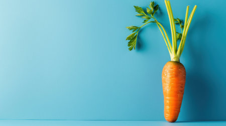 A vibrant orange carrot with green leaves stands against a bright blue background, showcasing fresh produce ideal for health-focused culinary creations.の素材