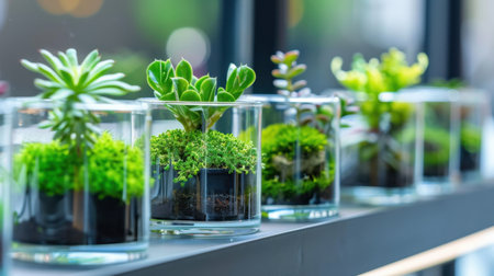 A collection of vibrant indoor plants showcased in elegant glass containers, perfect for adding a refreshing touch to any living space or office environment.の素材