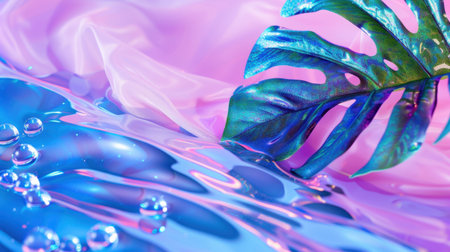 A stunning vibrant background featuring a glossy surface with water drops and a beautiful monstera leaf, creating a colorful and engaging visual.の素材