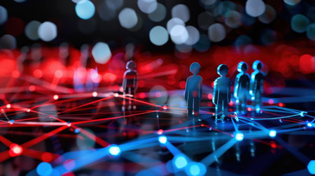 This vibrant abstract image showcases human figures positioned within a network of connections, symbolizing communication and technology. The glowing lights in red and blue create a dynamic backdrop, representing digital interactions in a modern world.の素材