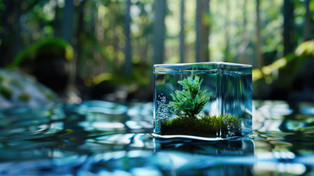 A captivating crystal cube contains a small tree and moss, symbolizing nature's resilience amidst serene water and lush forest backdrop, promoting tranquility.の素材