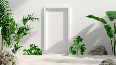A serene minimalist scene showcasing an open white door amidst lush tropical plants, set against a sandy beach environment, evoking feelings of tranquility and escape.の素材