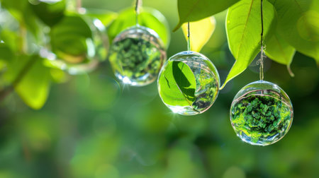 Stunning glass orbs hang gracefully from green leaves, capturing the essence of nature in a tranquil outdoor space, showcasing beauty and serenity.の素材