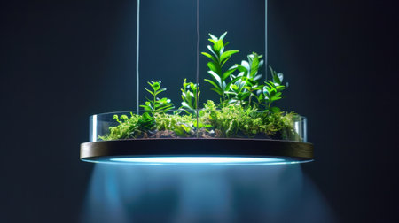 A modern indoor hanging planter featuring a vibrant arrangement of green plants and moss, illuminated by cool LED light, creating a tranquil atmosphere.の素材