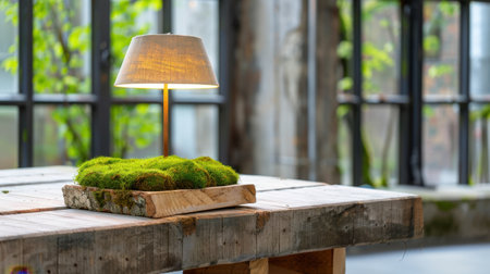 A charming indoor scene featuring a well-lit lamp over a moss arrangement on a rustic wooden table, with large windows allowing natural light to flood the space.の素材