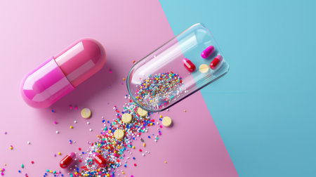 A creative arrangement featuring a pink capsule spilling colorful sprinkles and pills on a dual-tone background, perfect for health and wellness themes.の素材