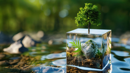 This captivating image showcases a miniature ecosystem encapsulated within a clear ice cube, featuring a green tree, delicate ferns, and textured stones, set against a tranquil water background.の素材