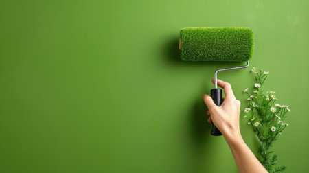 A hand applies a green paint roller on a smooth wall, surrounded by a potted plant and delicate flowers, symbolizing freshness and creativity.の素材