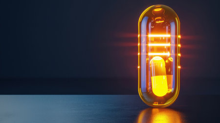 A vibrant glowing capsule sits on a dark polished surface, illuminated with creative lighting, symbolizing health and wellness in a modern pharmaceutical context.の素材