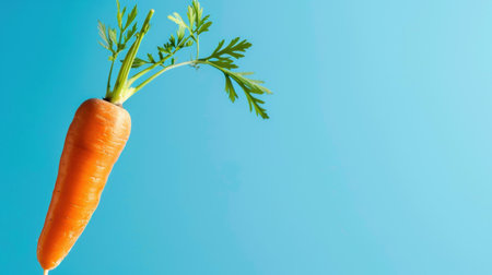 A vibrant orange carrot with lush green leaves stands against a striking blue background, symbolizing health, freshness, and nutrition in food.の素材