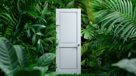 A striking white door stands amid a vibrant tropical jungle, surrounded by rich green foliage and plants, symbolizing adventure and escape into nature.の素材