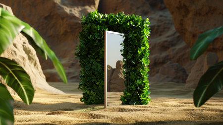 A surreal depiction of an elegant door surrounded by vibrant greenery in a desolate desert setting, inviting exploration and imagination.の素材