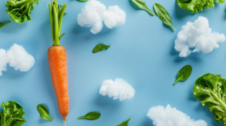 A vibrant arrangement featuring a fresh carrot, crisp lettuce, and spinach leaves on a light blue background, evoking healthy eating and nature.の素材