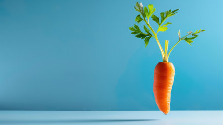 A vibrant carrot with lush green leaves appears to float against a bright blue backdrop, symbolizing freshness and healthy eating. Perfect for food photography.の素材