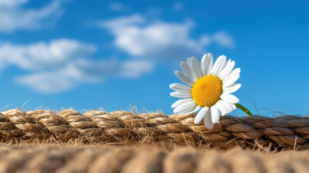 A charming white daisy flower gracefully rests on a piece of natural rope, set against a picturesque blue sky filled with fluffy clouds, evoking feelings of tranquility and beauty.の素材
