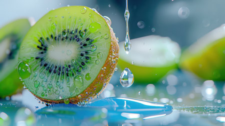 Stunning close-up image of fresh kiwi slices with glistening water droplets on a vibrant blue background, showcasing freshness and natural beauty.の素材