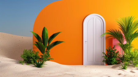 A striking orange wall with a white door creates a captivating focal point in a serene sandy landscape, surrounded by lush tropical plants.の素材