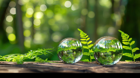Two transparent spheres sit on a wooden surface, reflecting vibrant ferns and a lush forest backdrop, creating a serene and tranquil natural scene.の素材
