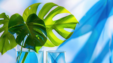 This striking image showcases vibrant monstera leaves elegantly displayed in clear glass vases. The soft blue background enhances the natural beauty, creating a serene and tranquil atmosphere perfect for interior decor.の素材
