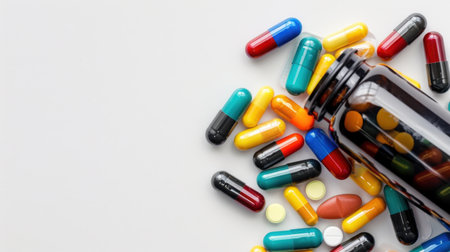 A collection of colorful capsules and tablets is artistically spilled from a brown glass bottle on a white background, symbolizing health and wellness.の素材