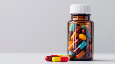 A visually appealing image of colorful capsules stored in an amber bottle on a soft gray surface, showcasing health and wellness themes with one capsule placed beside the container.の素材