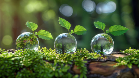 Captured in a serene woodland setting, this image features glass orbs reflecting vibrant greenery and leaves, enhancing the beauty of nature's design.の素材