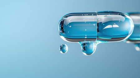 This close-up image features blue transparent liquid droplets showcasing detailed textures and light reflections against a soft blue backdrop, perfect for artistic or design projects.の素材