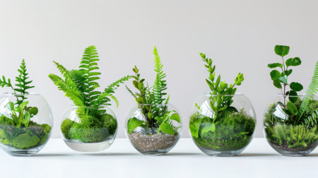 This beautiful collection of indoor plants in glass terrariums showcases lush greenery and vibrant foliage, enhancing home decor and creating a serene environment.の素材