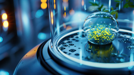 An abstract close-up view of a transparent glass sphere containing bioluminescent elements, set in a futuristic laboratory environment. The image captures the essence of scientific exploration and innovation.の素材