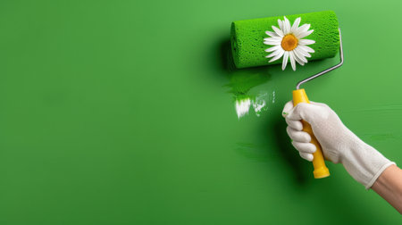 A hand holds a paint roller adorned with a daisy, applying green paint to a wall. This image captures creativity in home renovation and design.の素材