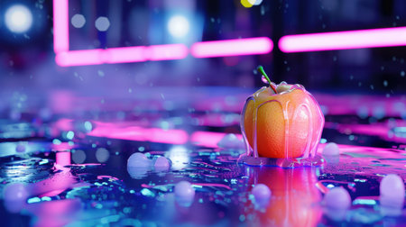 A stunning image of an orange fruit encased in a bubble, sitting on a wet reflective surface. Neon lights create a dynamic and vibrant atmosphere perfect for modern designs.の素材