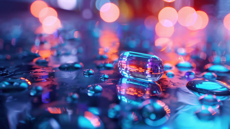 A striking close-up of a colorful capsule resting on a reflective surface adorned with water droplets, surrounded by a captivating bokeh background.の素材