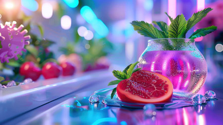 A visually appealing fruit drink served in an elegant glass with mint leaves, set against a colorful background, ideal for summer gatherings and refreshing moments.の素材