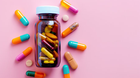 A vibrant arrangement of colorful pills and capsules surrounding a brown bottle on a soft pink background, emphasizing health and wellness themes.の素材