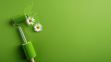 This captivating image features a green paint roller with cheerful daisies, perfect for home decor projects. A bright backdrop showcases creativity and freshness.の素材