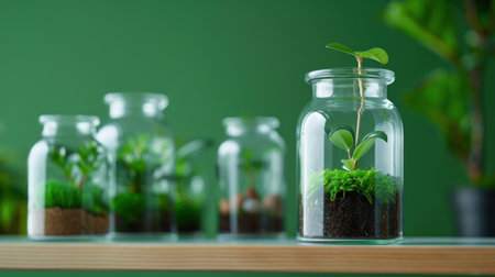 This image features beautiful glass jars housing various green plants and moss, perfect for conveying the essence of indoor gardening and nature's tranquility.の素材
