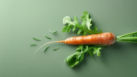 This image showcases a fresh carrot adorned with vibrant green leaves against a soft green backdrop, perfect for promoting healthy eating and culinary creativity.の素材