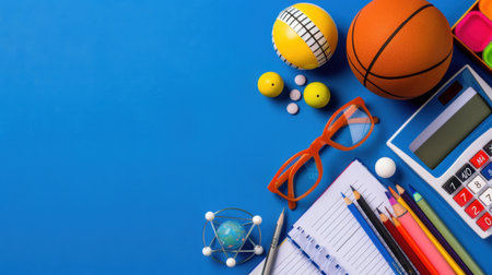 This vibrant image features a collection of school supplies and sports equipment arranged on a bright blue background, perfect for promoting education and fun activities.の素材