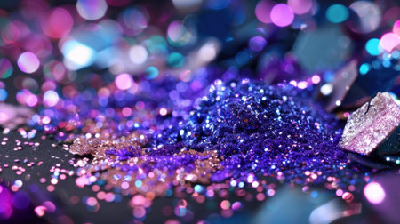 A vivid arrangement of colorful glitter particles showcasing shimmering textures and dynamic reflections, perfect for creative projects and festive themes.の素材