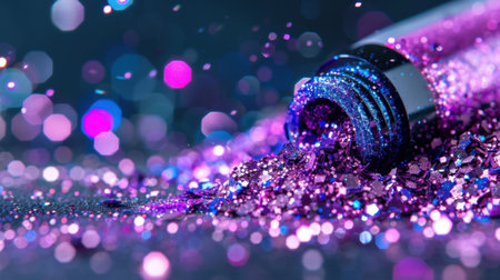 A vibrant scene featuring shimmering glitter cascading from a bottle, creating a stunning abstract background with a beautiful bokeh effect.の素材