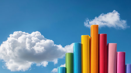 A vibrant display of colorful cylindrical objects arranged in a visually appealing pattern against a bright blue sky and fluffy white clouds, perfect for creativity.の素材