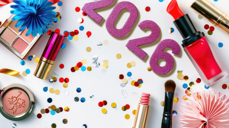 Celebrate New Year's 2026 with this vibrant flat lay featuring colorful makeup, festive confetti, and stylish party accessories for a lively atmosphere!の素材