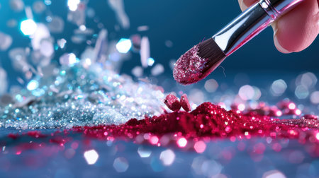 A vivid close-up of a paintbrush applying red glitter on a surface, surrounded by shimmering particles of blue and silver, perfect for creative projects.の素材