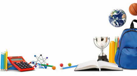 A vibrant arrangement of educational tools including stationery, a globe, sports equipment, and symbols of achievement on a clean white background.の素材