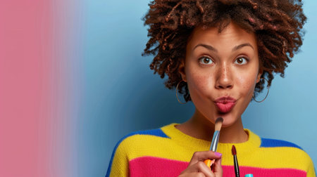 A young woman with curly hair showcases playful charm while holding makeup brushes. She wears a colorful sweater and appears lively against a blue backdrop.の素材