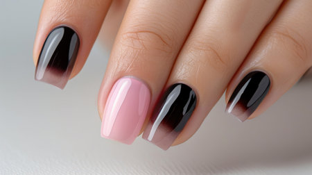 This image showcases an elegant ombre nail art design featuring striking black and soft pink shades, perfect for modern beauty enthusiasts.の素材